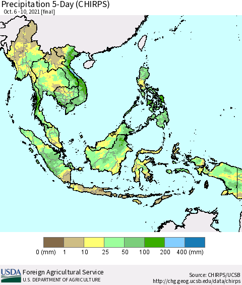 South East Asia Precipitation 5-Day (CHIRPS) Thematic Map For 10/6/2021 - 10/10/2021