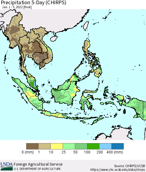 South East Asia Precipitation 5-Day (CHIRPS) Thematic Map For 1/1/2022 - 1/5/2022