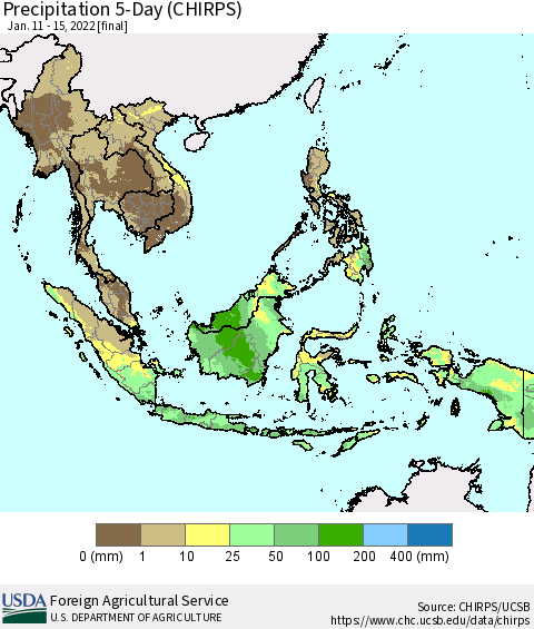 South East Asia Precipitation 5-Day (CHIRPS) Thematic Map For 1/11/2022 - 1/15/2022