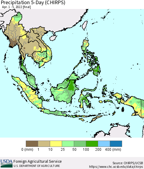 South East Asia Precipitation 5-Day (CHIRPS) Thematic Map For 4/1/2022 - 4/5/2022