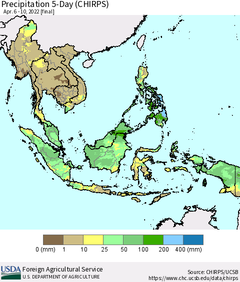 South East Asia Precipitation 5-Day (CHIRPS) Thematic Map For 4/6/2022 - 4/10/2022