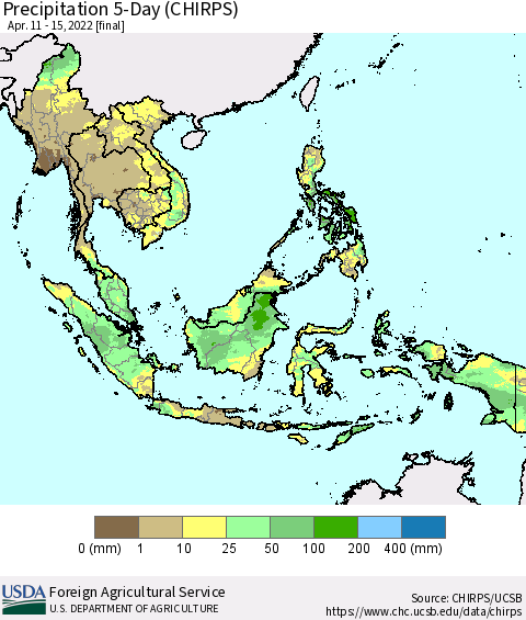 South East Asia Precipitation 5-Day (CHIRPS) Thematic Map For 4/11/2022 - 4/15/2022