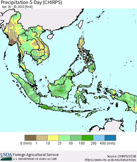 South East Asia Precipitation 5-Day (CHIRPS) Thematic Map For 4/16/2022 - 4/20/2022