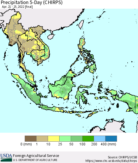 South East Asia Precipitation 5-Day (CHIRPS) Thematic Map For 4/21/2022 - 4/25/2022
