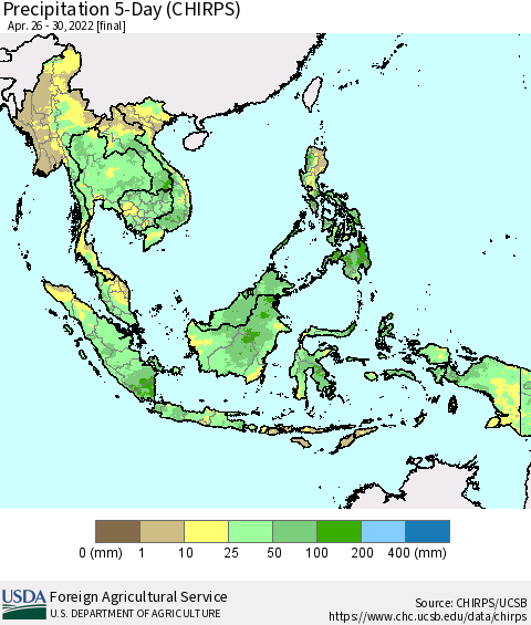 South East Asia Precipitation 5-Day (CHIRPS) Thematic Map For 4/26/2022 - 4/30/2022