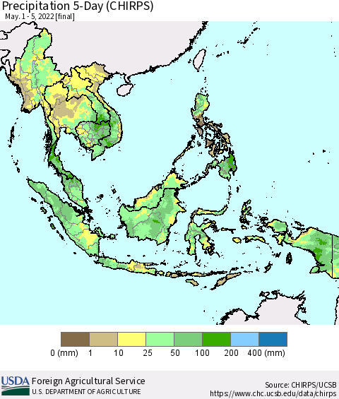 South East Asia Precipitation 5-Day (CHIRPS) Thematic Map For 5/1/2022 - 5/5/2022