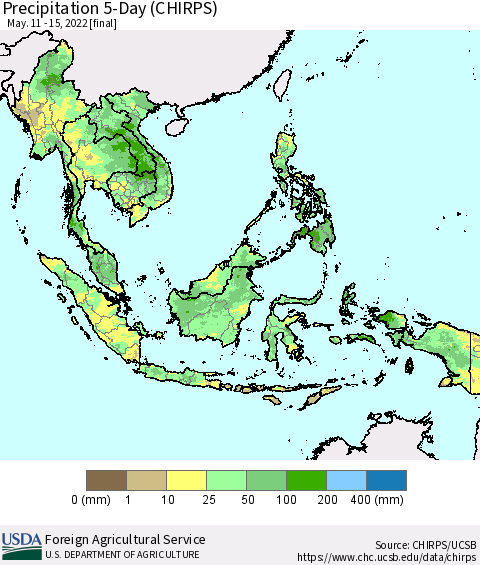 South East Asia Precipitation 5-Day (CHIRPS) Thematic Map For 5/11/2022 - 5/15/2022