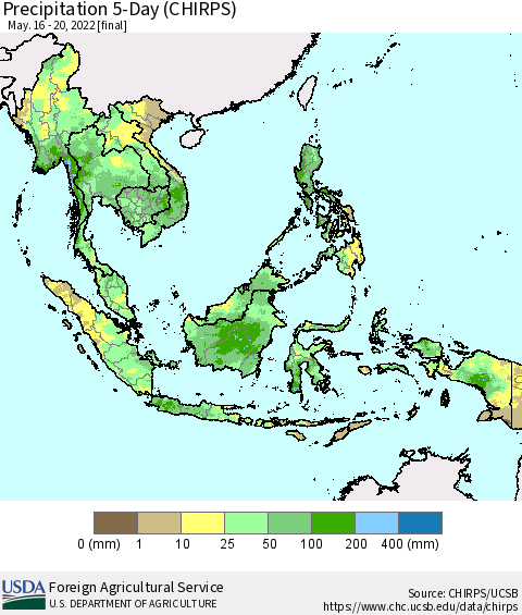 South East Asia Precipitation 5-Day (CHIRPS) Thematic Map For 5/16/2022 - 5/20/2022
