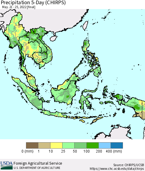 South East Asia Precipitation 5-Day (CHIRPS) Thematic Map For 5/21/2022 - 5/25/2022