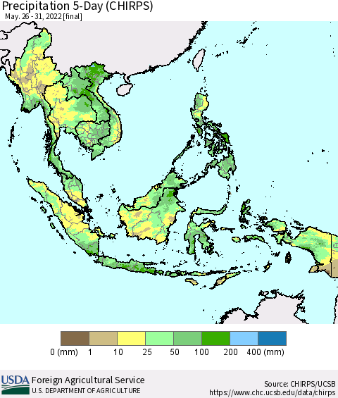 South East Asia Precipitation 5-Day (CHIRPS) Thematic Map For 5/26/2022 - 5/31/2022