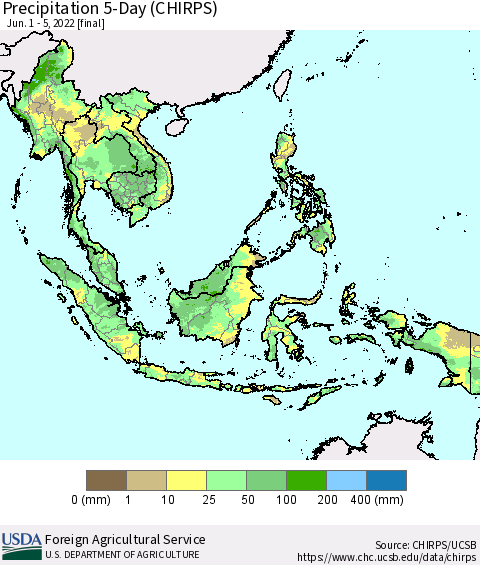 South East Asia Precipitation 5-Day (CHIRPS) Thematic Map For 6/1/2022 - 6/5/2022