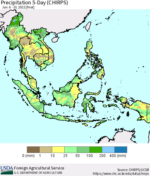 South East Asia Precipitation 5-Day (CHIRPS) Thematic Map For 6/6/2022 - 6/10/2022