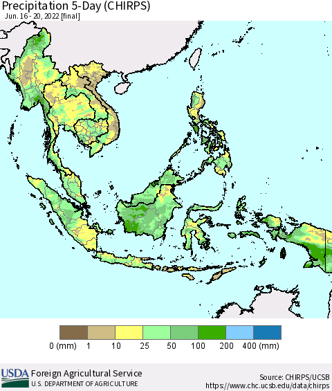 South East Asia Precipitation 5-Day (CHIRPS) Thematic Map For 6/16/2022 - 6/20/2022