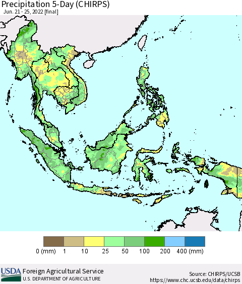 South East Asia Precipitation 5-Day (CHIRPS) Thematic Map For 6/21/2022 - 6/25/2022