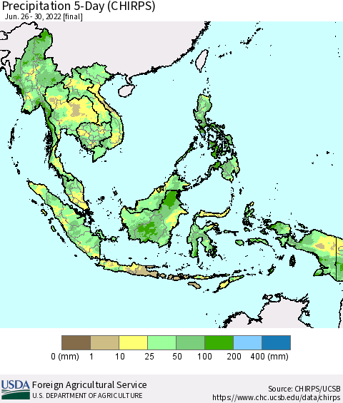 South East Asia Precipitation 5-Day (CHIRPS) Thematic Map For 6/26/2022 - 6/30/2022