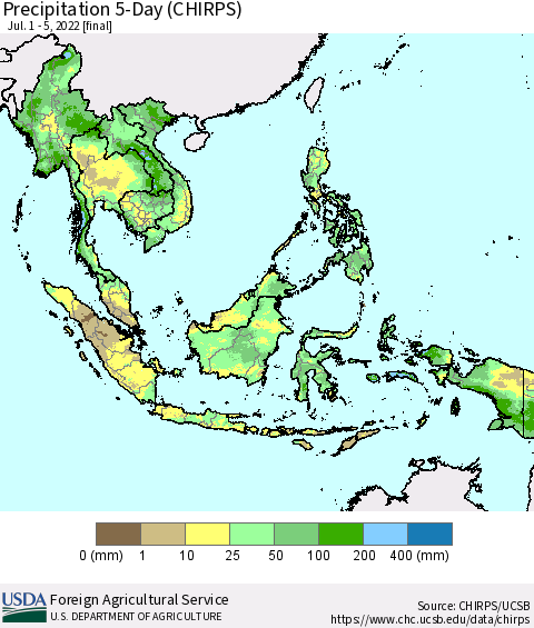 South East Asia Precipitation 5-Day (CHIRPS) Thematic Map For 7/1/2022 - 7/5/2022