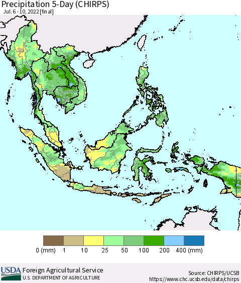 South East Asia Precipitation 5-Day (CHIRPS) Thematic Map For 7/6/2022 - 7/10/2022