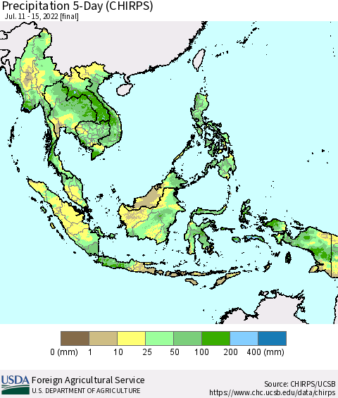 South East Asia Precipitation 5-Day (CHIRPS) Thematic Map For 7/11/2022 - 7/15/2022