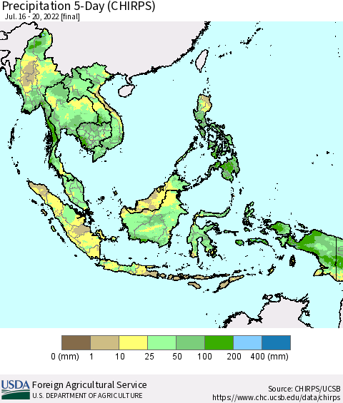 South East Asia Precipitation 5-Day (CHIRPS) Thematic Map For 7/16/2022 - 7/20/2022