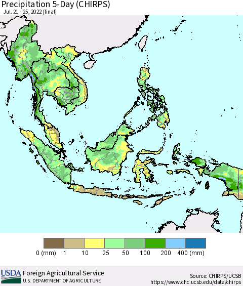 South East Asia Precipitation 5-Day (CHIRPS) Thematic Map For 7/21/2022 - 7/25/2022
