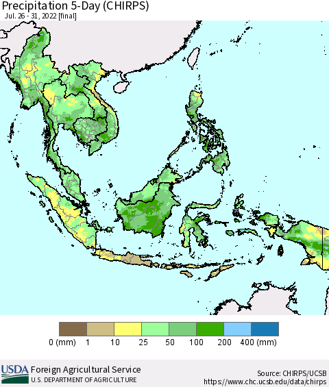 South East Asia Precipitation 5-Day (CHIRPS) Thematic Map For 7/26/2022 - 7/31/2022