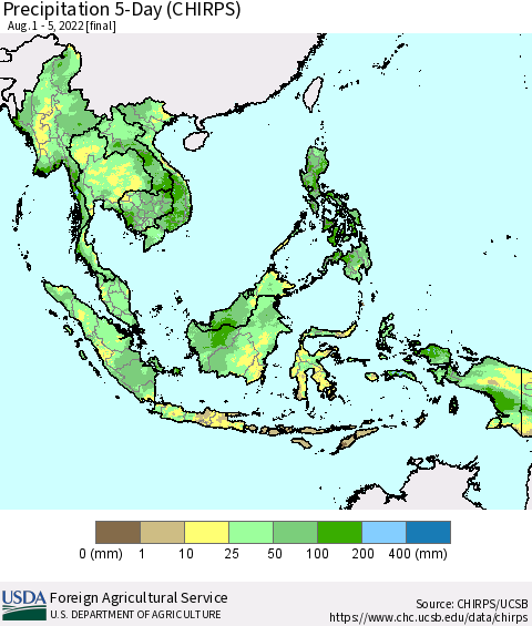 South East Asia Precipitation 5-Day (CHIRPS) Thematic Map For 8/1/2022 - 8/5/2022