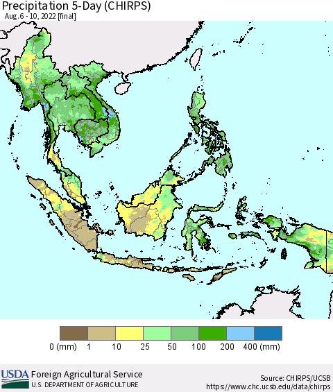 South East Asia Precipitation 5-Day (CHIRPS) Thematic Map For 8/6/2022 - 8/10/2022