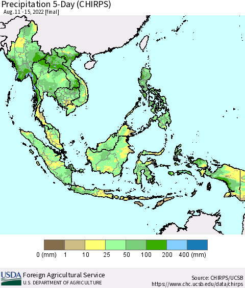 South East Asia Precipitation 5-Day (CHIRPS) Thematic Map For 8/11/2022 - 8/15/2022