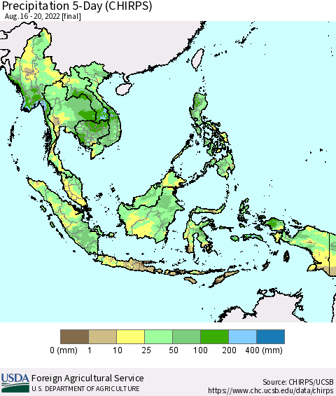 South East Asia Precipitation 5-Day (CHIRPS) Thematic Map For 8/16/2022 - 8/20/2022
