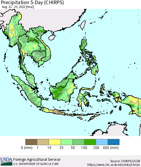 South East Asia Precipitation 5-Day (CHIRPS) Thematic Map For 8/21/2022 - 8/25/2022