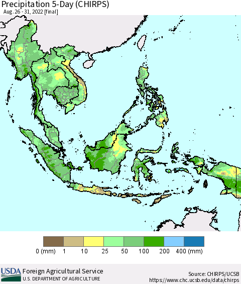 South East Asia Precipitation 5-Day (CHIRPS) Thematic Map For 8/26/2022 - 8/31/2022