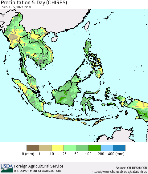 South East Asia Precipitation 5-Day (CHIRPS) Thematic Map For 9/1/2022 - 9/5/2022