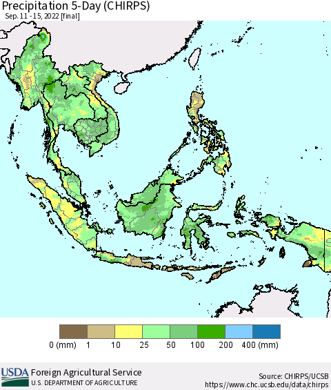 South East Asia Precipitation 5-Day (CHIRPS) Thematic Map For 9/11/2022 - 9/15/2022