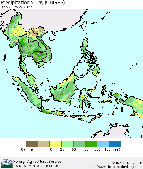 South East Asia Precipitation 5-Day (CHIRPS) Thematic Map For 9/21/2022 - 9/25/2022