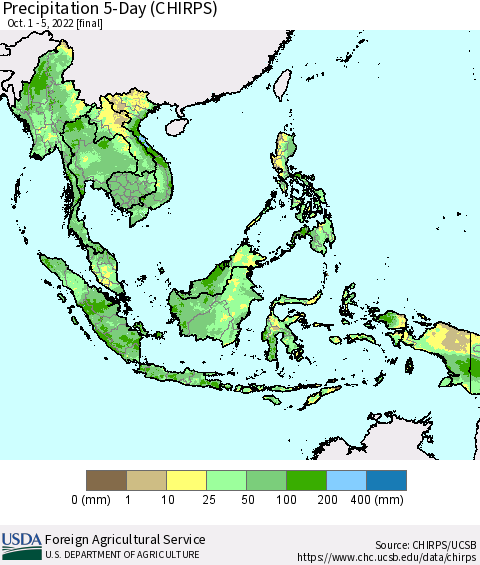 South East Asia Precipitation 5-Day (CHIRPS) Thematic Map For 10/1/2022 - 10/5/2022