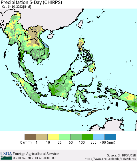 South East Asia Precipitation 5-Day (CHIRPS) Thematic Map For 10/6/2022 - 10/10/2022