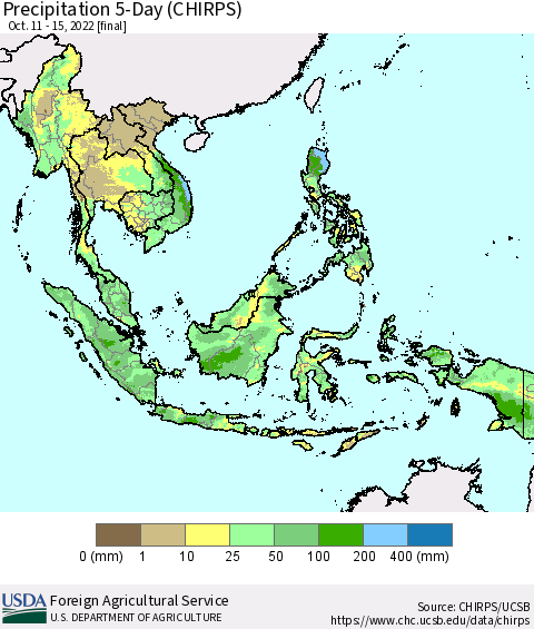 South East Asia Precipitation 5-Day (CHIRPS) Thematic Map For 10/11/2022 - 10/15/2022