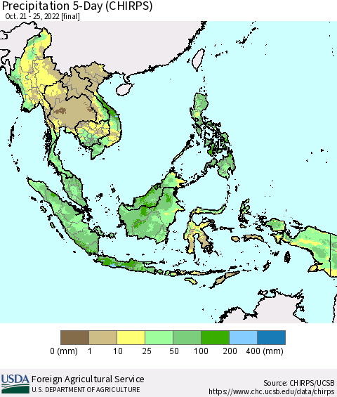 South East Asia Precipitation 5-Day (CHIRPS) Thematic Map For 10/21/2022 - 10/25/2022