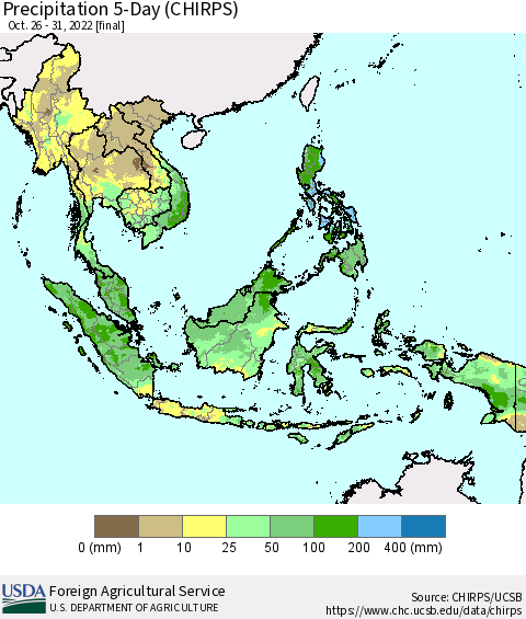 South East Asia Precipitation 5-Day (CHIRPS) Thematic Map For 10/26/2022 - 10/31/2022