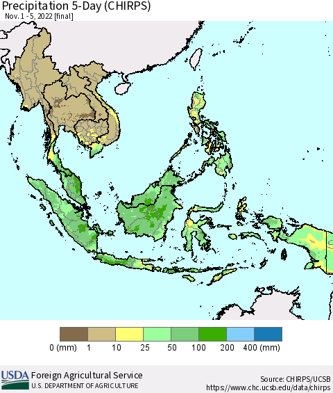 South East Asia Precipitation 5-Day (CHIRPS) Thematic Map For 11/1/2022 - 11/5/2022
