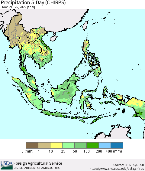 South East Asia Precipitation 5-Day (CHIRPS) Thematic Map For 11/21/2022 - 11/25/2022