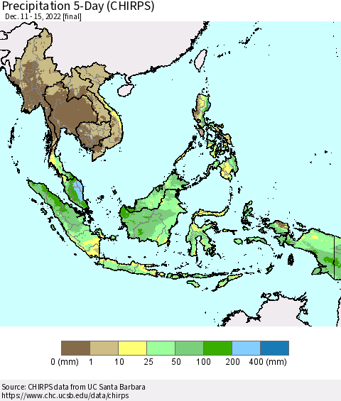 South East Asia Precipitation 5-Day (CHIRPS) Thematic Map For 12/11/2022 - 12/15/2022