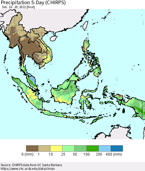 South East Asia Precipitation 5-Day (CHIRPS) Thematic Map For 12/16/2022 - 12/20/2022