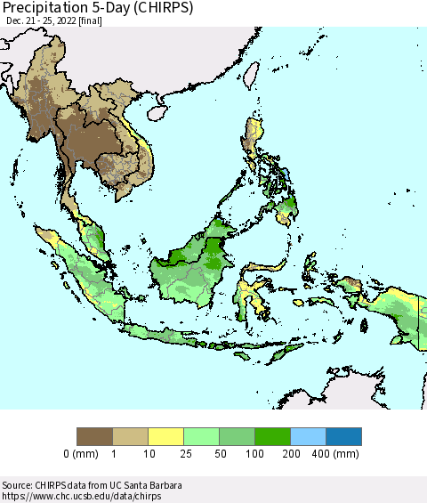 South East Asia Precipitation 5-Day (CHIRPS) Thematic Map For 12/21/2022 - 12/25/2022