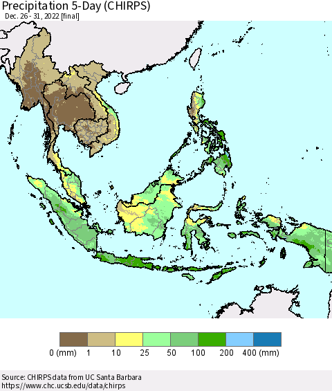 South East Asia Precipitation 5-Day (CHIRPS) Thematic Map For 12/26/2022 - 12/31/2022