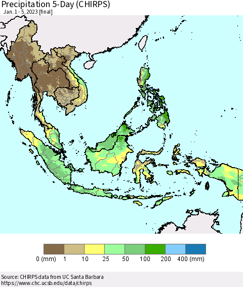 South East Asia Precipitation 5-Day (CHIRPS) Thematic Map For 1/1/2023 - 1/5/2023