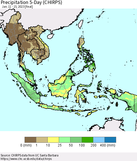 South East Asia Precipitation 5-Day (CHIRPS) Thematic Map For 1/11/2023 - 1/15/2023