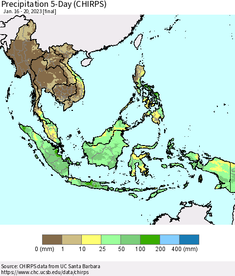 South East Asia Precipitation 5-Day (CHIRPS) Thematic Map For 1/16/2023 - 1/20/2023