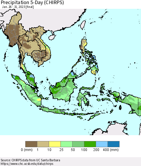 South East Asia Precipitation 5-Day (CHIRPS) Thematic Map For 1/26/2023 - 1/31/2023
