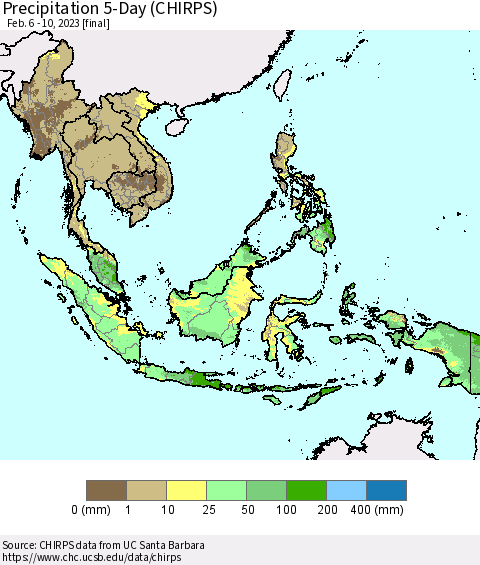 South East Asia Precipitation 5-Day (CHIRPS) Thematic Map For 2/6/2023 - 2/10/2023